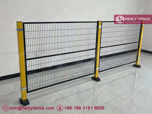 Clôture de sécurité d'entrepôt | Garde-corps de machine | Hauteur 2m X 1.0m | Poteau jaune | Panneau en maille à cadre noir | HeslyFence fournisseur