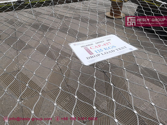CAP437, test de charge de chute de 125 kg Filet de sécurité de périmètre d'héliport | Largeur 1,5 m | Maille de câble métallique SS316 de 3,0 mm | HeslyFence, Chine fournisseur