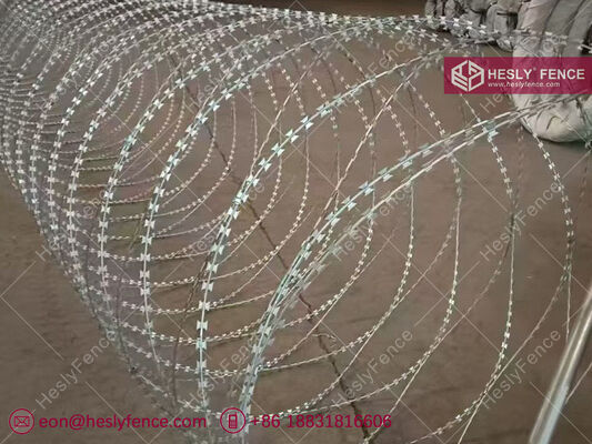 BTO-10 Concertina Razor Wire Coil, Coil de diamètre de 600 mm, fil d'acier galvanisé à chaud, marque HESLY, exportateur chinois fournisseur