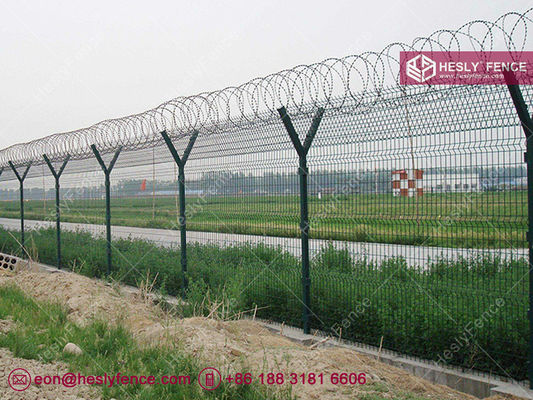 Clôture de périmètre d'aéroport HESLY | Fil barbelé concertina | 3m de haut | Poteau en Y | Usine HeslyFence Chine fournisseur