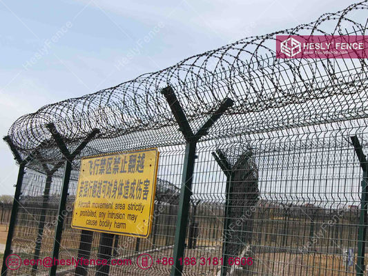 Clôture de périmètre d'aéroport HESLY | Fil barbelé concertina | 3m de haut | Poteau en Y | Usine HeslyFence Chine fournisseur