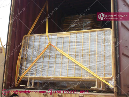 Barrière de contrôle de foule | Hauteur 1,1 m | Revêtement en poudre jaune | Pieds plats en acier | China Hesly Fence fournisseur